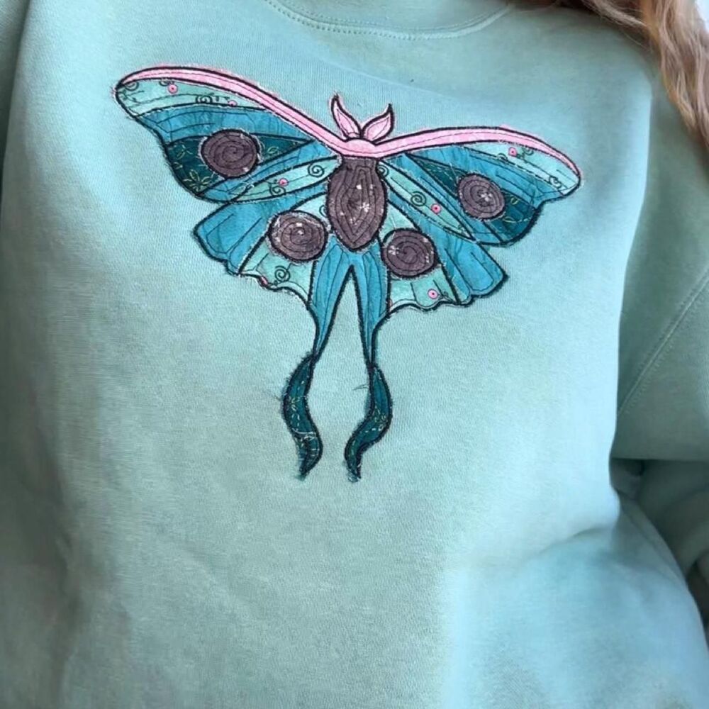 NWT lunar moth patchwork embroidered sage green crewneck sweatshirt